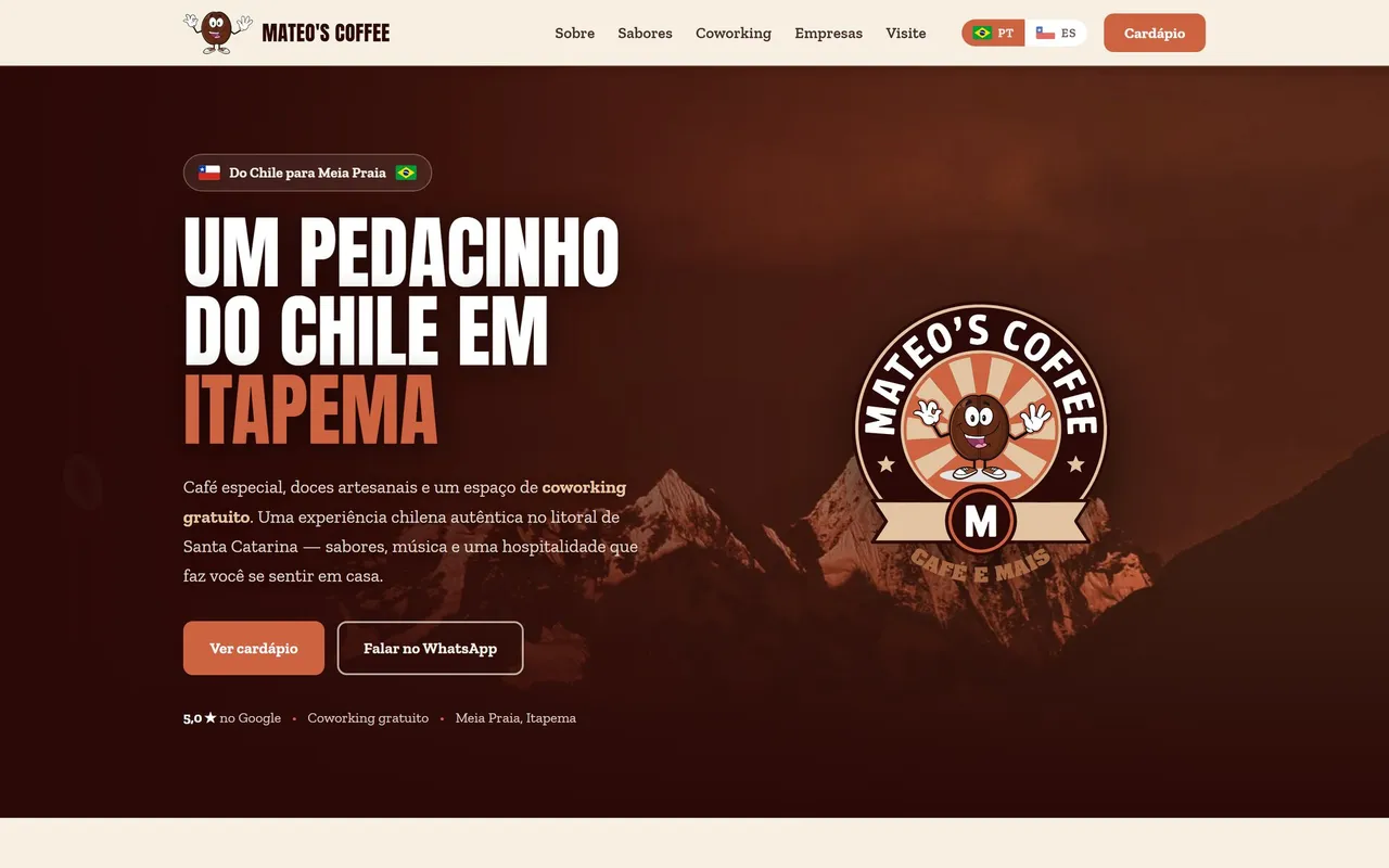 Mateo's Coffee — Home — hero bilingüe y llamada al cardápio